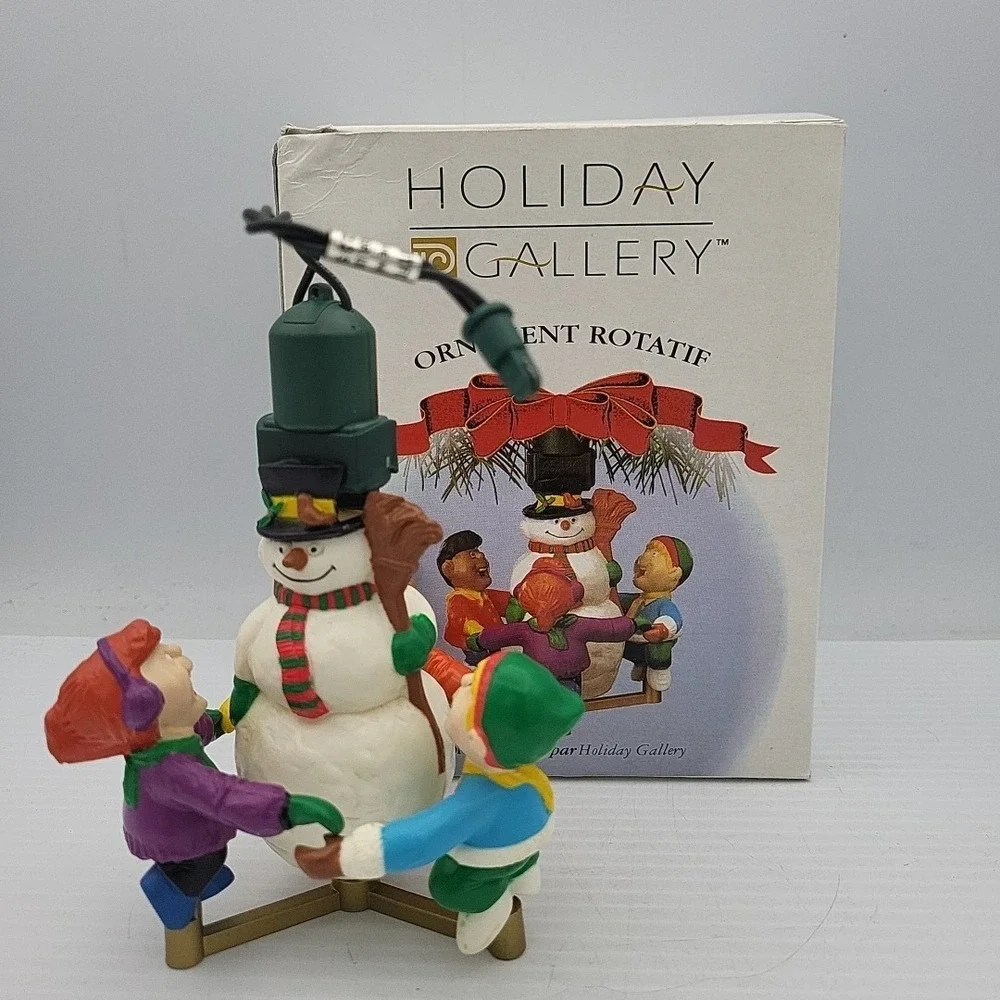 Vintage Holiday Gallery -Rotating Christmas Ornament Children W/Snowman 1989